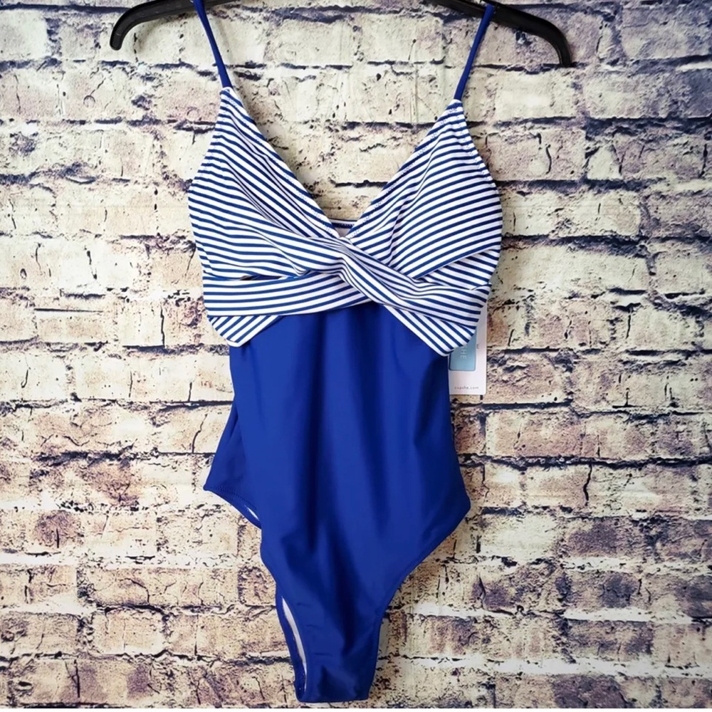 CUPSHE Blue White Pinstripe Spaghetti Strap One Piece Swimsuit Size S